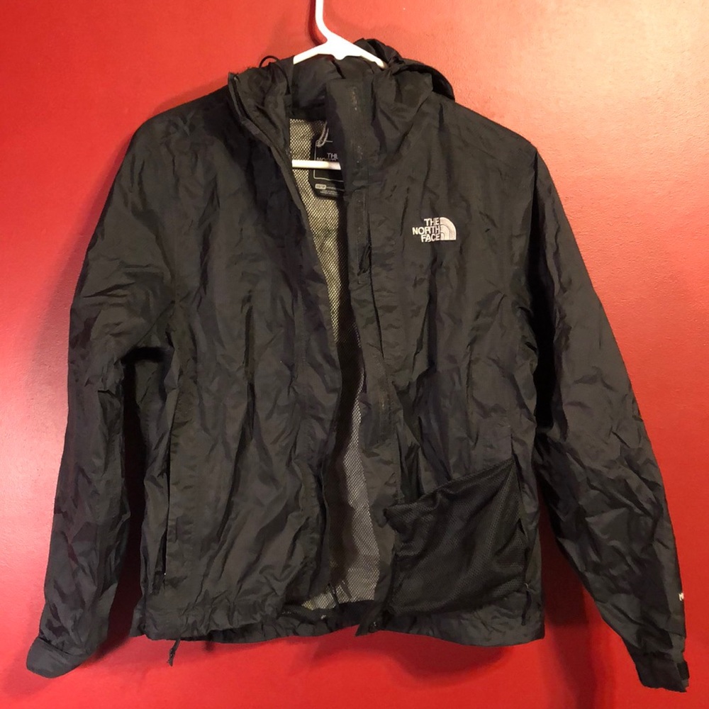 Black north face Hyvent rain jacket with hood and mesh pocket on front